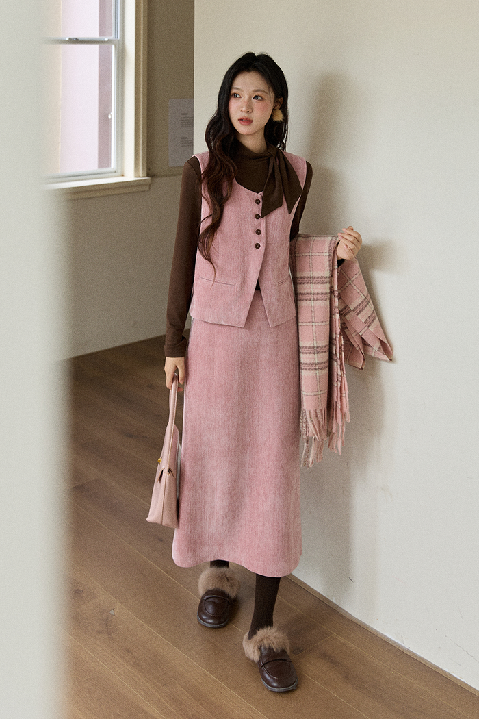 Vest+Knit Shirt+ Skirt Set